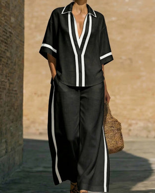 Ensemble Deux Pièces Chemise Revers Contraste Jambe Large Pantalon