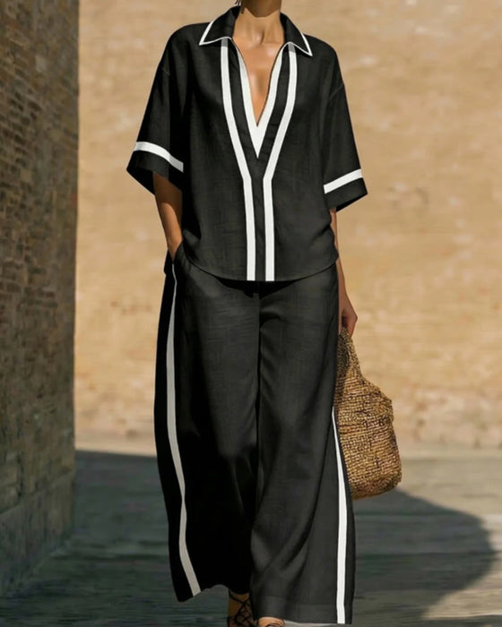 Ensemble Deux Pièces Chemise Revers Contraste Jambe Large Pantalon