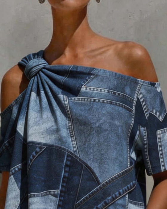 Blouse Une Épaule Twist Nœud Patchwork