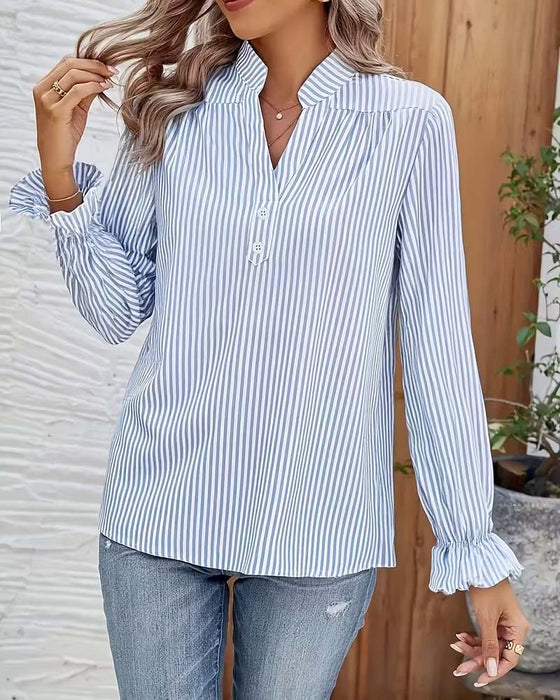 Blouse Boutonnée Col En V Rayée