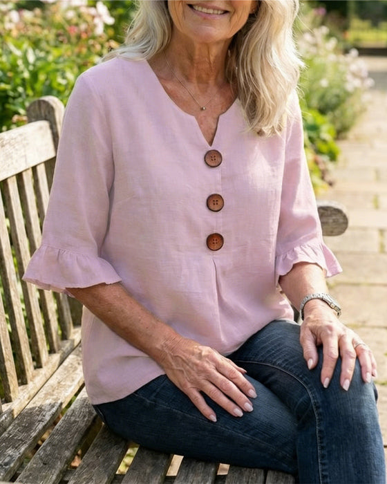 Blouses Unies Coton-Lin Boutons En Bois Volants