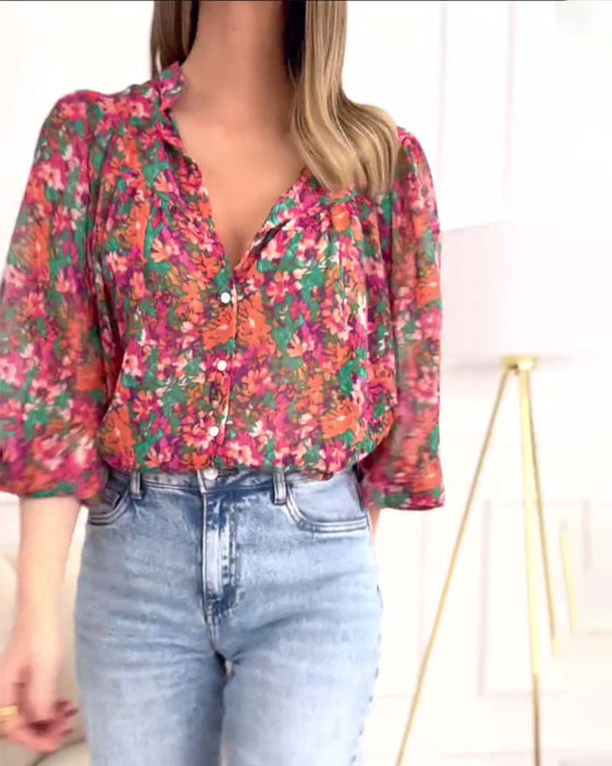 Chemise boutonnée imprimée à manches bouffantes