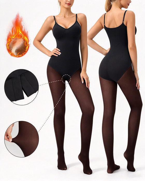 Panneau Transparent Avec Collant Doublé Polaire Stay-Warm Contrôle Du Ventre Effet Transparent Collant Bodysuit Noir Basique