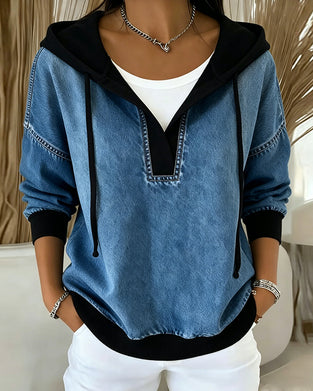 Hoodie Bloc De Couleur Col V Cordon