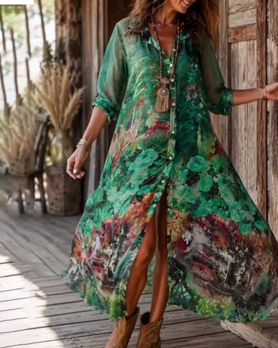 Robe Col Chemise Fente Florale