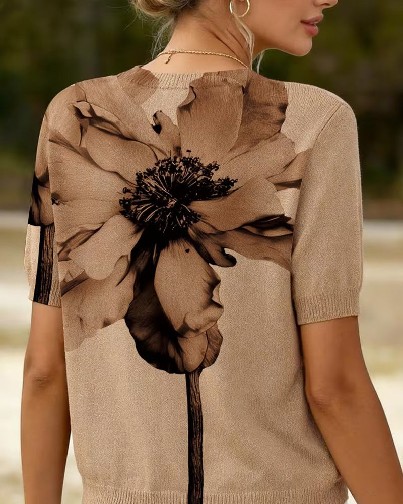 Pull-Over Motif Fleuri Tissé Manches Courtes