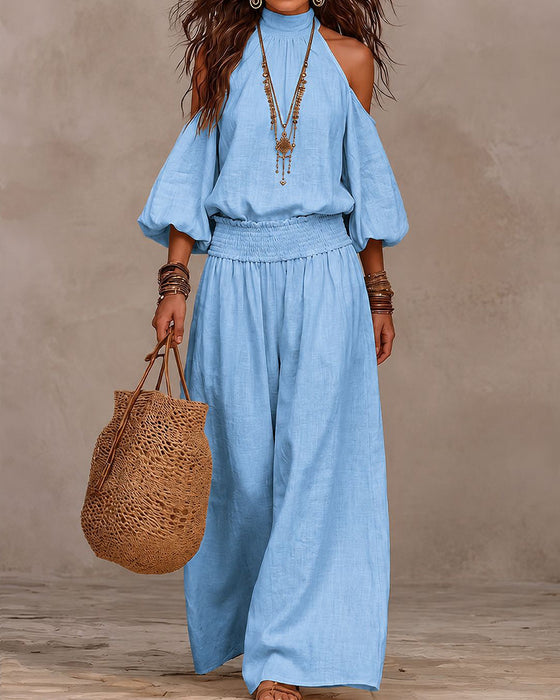 Ensemble Hors-Épaule Manches Longues Froncé Pantalon