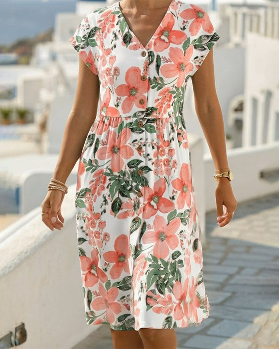 Robe Imprimé Floral Col V Manches Courtes