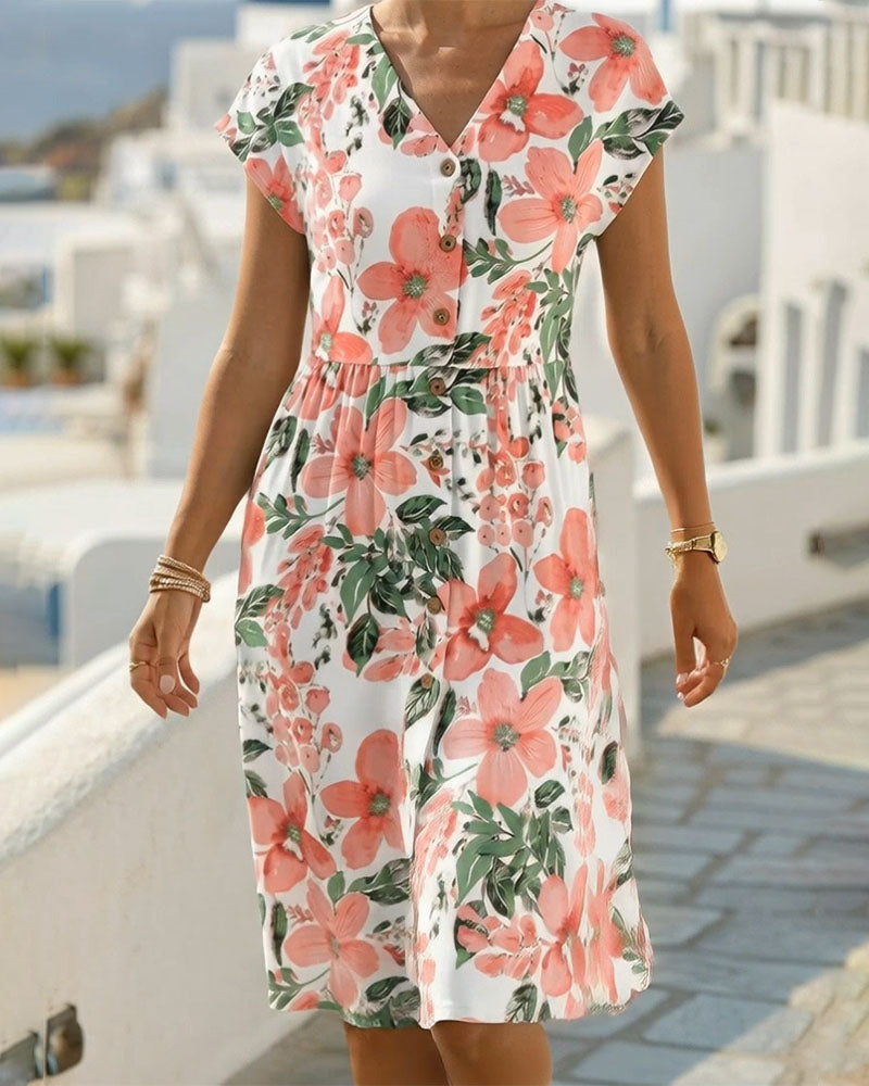 Robe Imprimé Floral Col V Manches Courtes