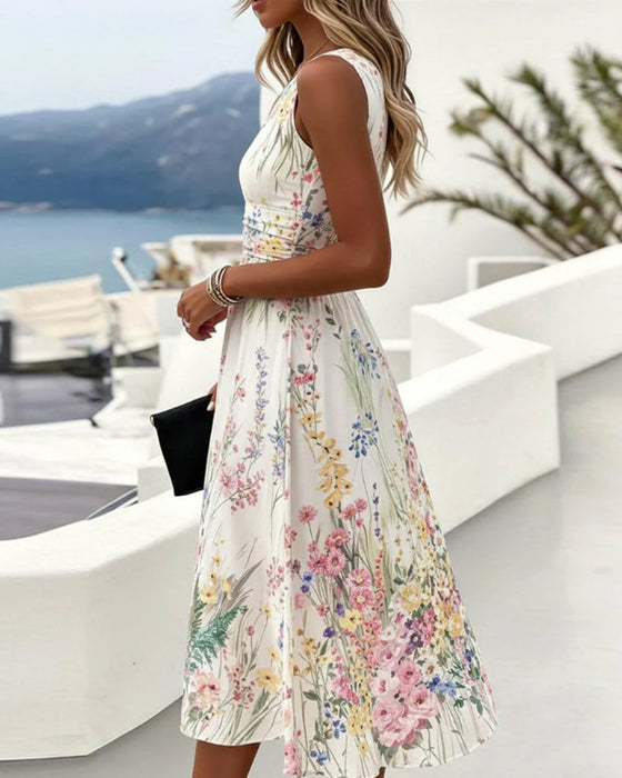 Robe Sans Manches Imprimé Floral Cintrée À La Taille