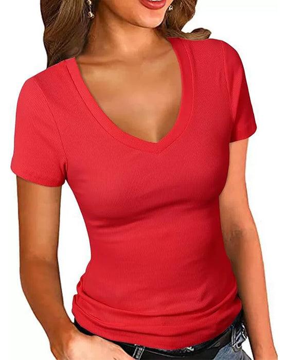 T-Shirt Côtes Slim Fit Col En V Manches Courtes
