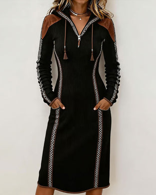 Robe À Capuche Patchwork Côtelée Laçage