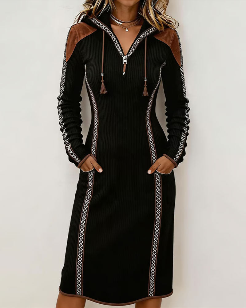 Robe À Capuche Patchwork Côtelée Laçage