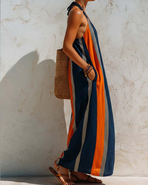 Robe Bloc De Couleur Rayure Verticale Halter