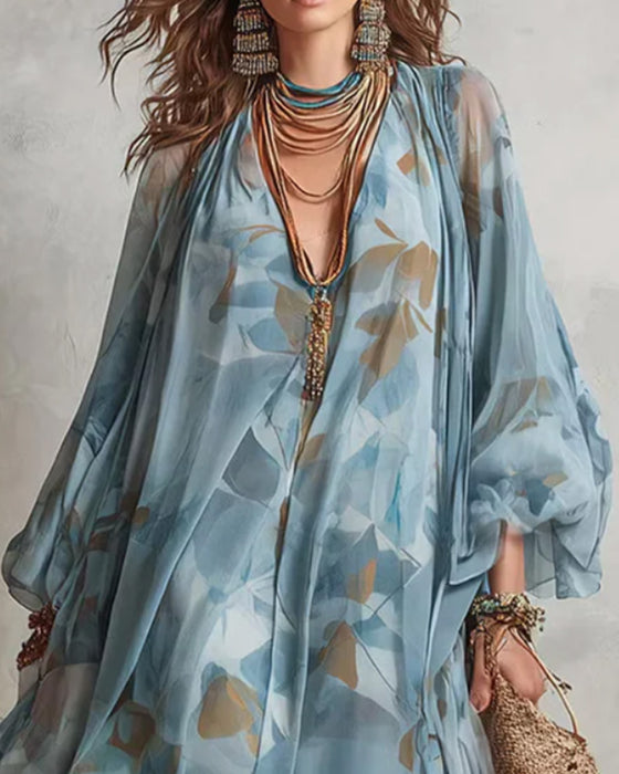 Robe À Décolleté En V Avec Manches Ballon Et Coupe Fluide