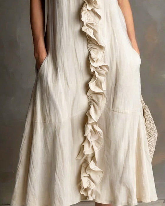 Robe Volant Col En V Poche Sans Manches