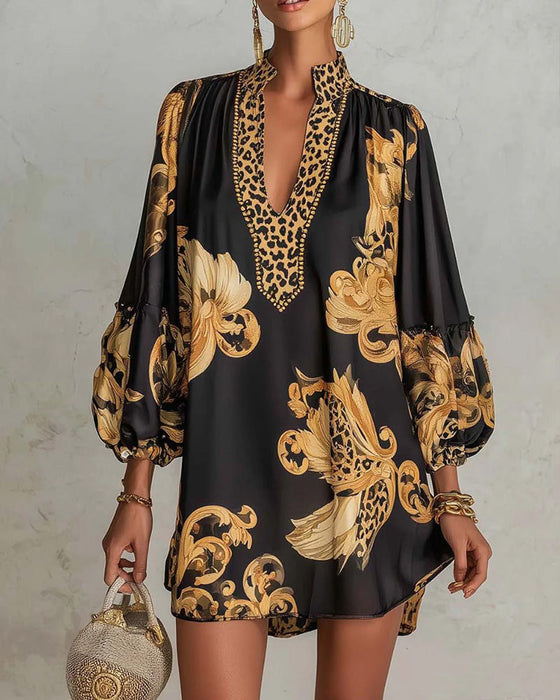 Robe Léopard Manche Lanterne Col Montant Imprimé