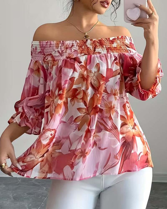 Blouse Off-Épaule Imprimé Manche Bouffante