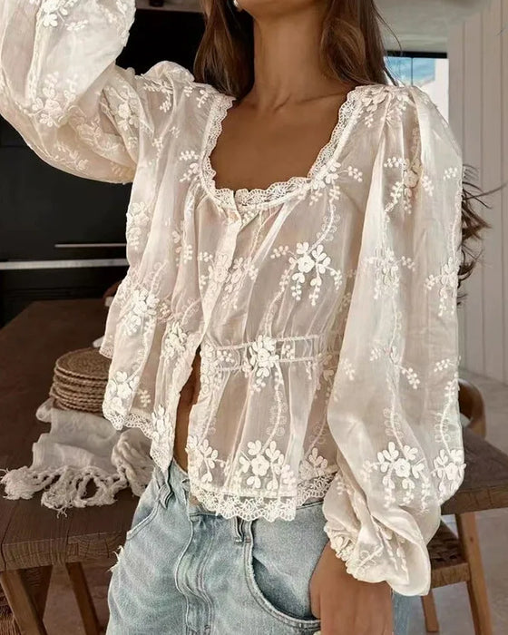 Blouse Col U Loose Brodée Manche Longue