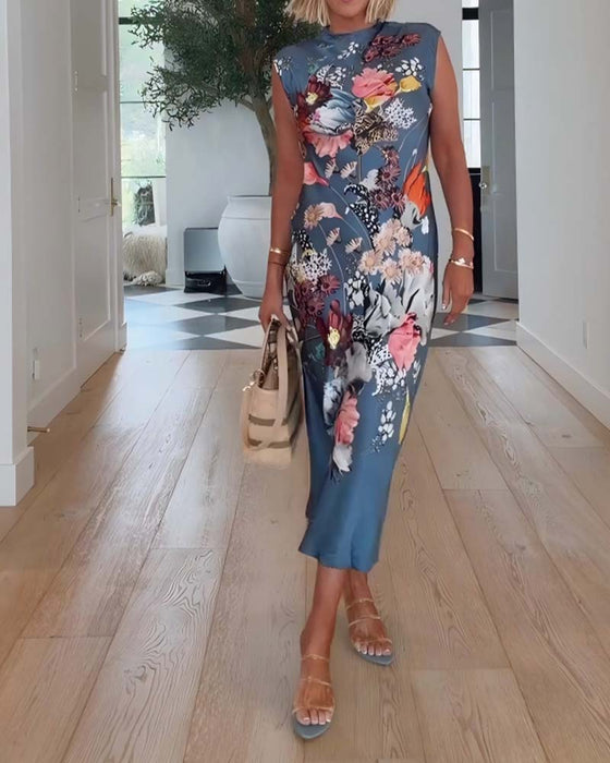 Robe Col Haut Sans Manches Florale Ajustée