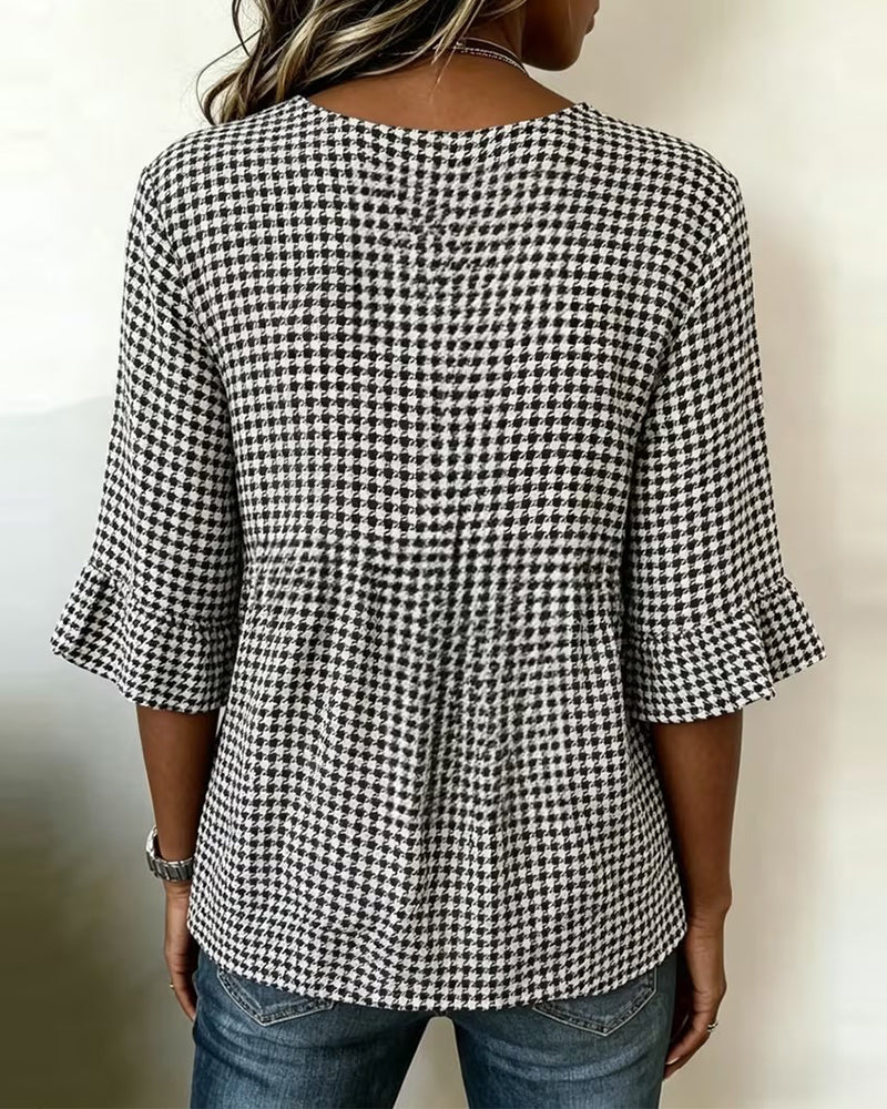 Blouse Pied-De-Coq Trois Boutons Décontractée