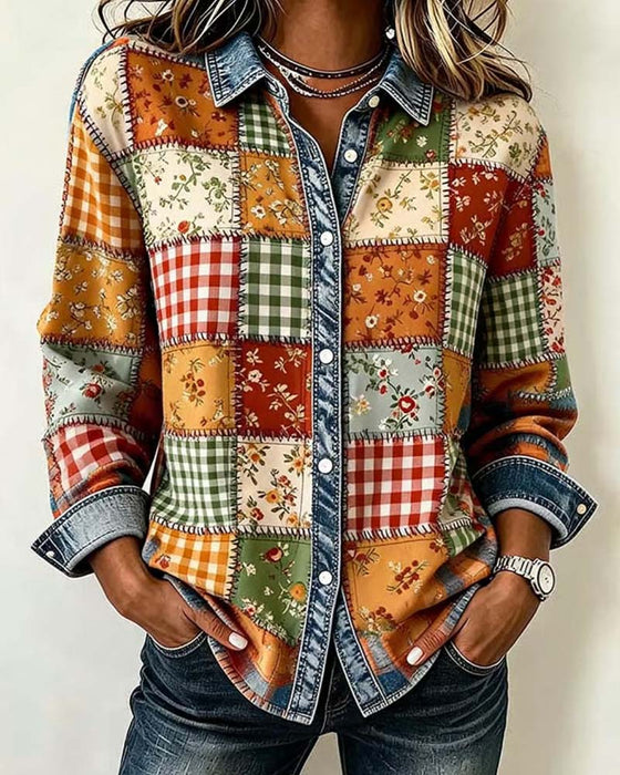 Haut Col Carreau Denim Patchwork