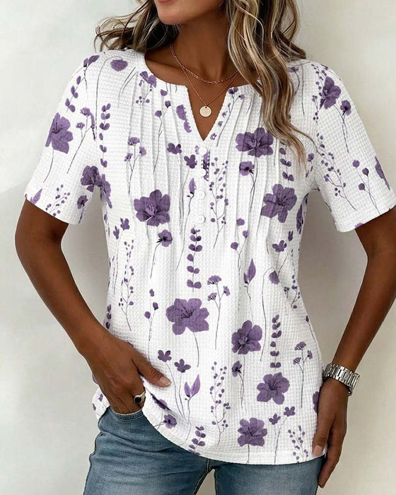 T-Shirt Gaufré Col V Floral