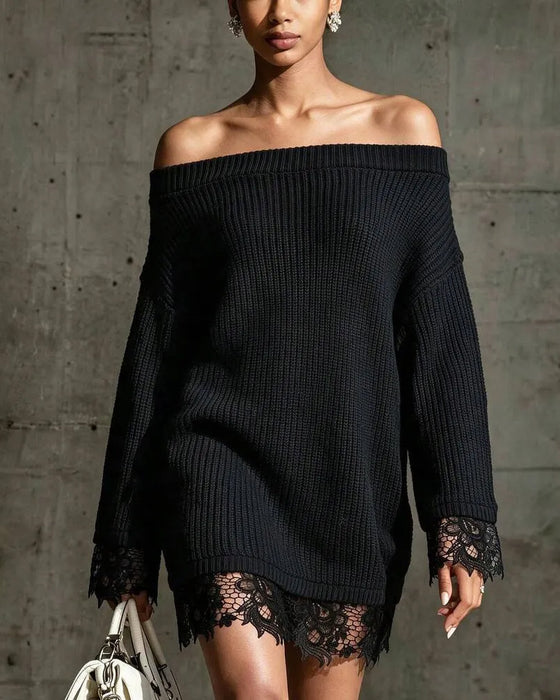 Robe Pull Col Dégagé Côtelé Dentelle Patchwork