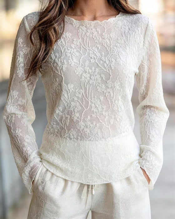Blouse Col Rond Dentelle Sheer Ajusté