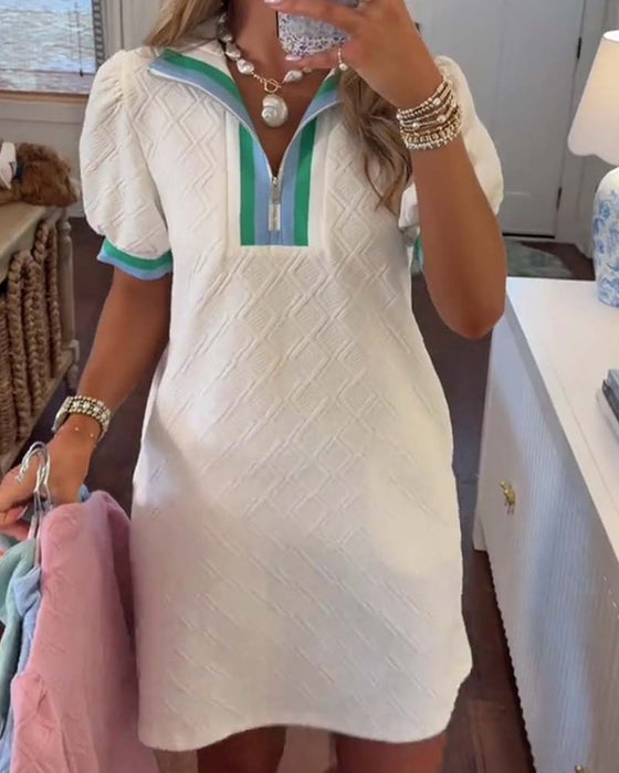 Robe Jacquard Diamant Manche Bouffante Colorblock