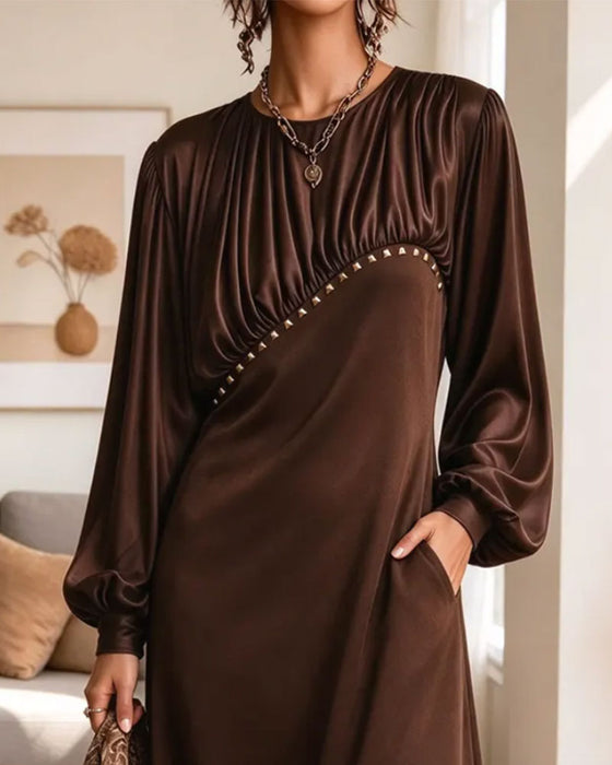 Robe Col Rond Plissé Manche Bouffante Poche