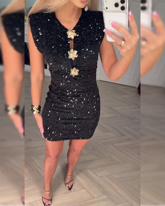 Robe Col V Sans Manches Paillettes