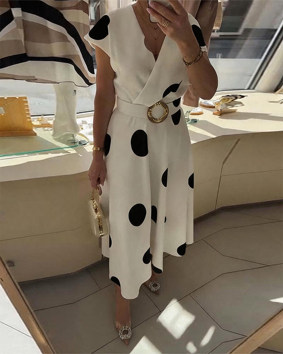 Robe À Pois Col En V Cintrée À La Taille