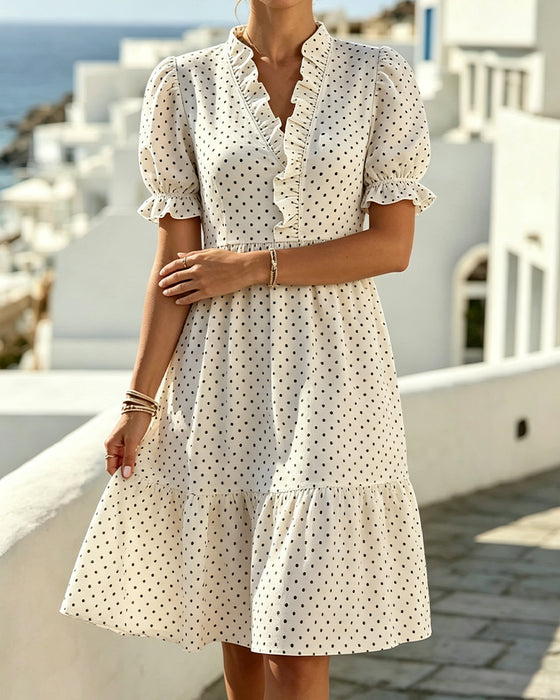 Robe Col V Dentelle Garniture Polka Dot