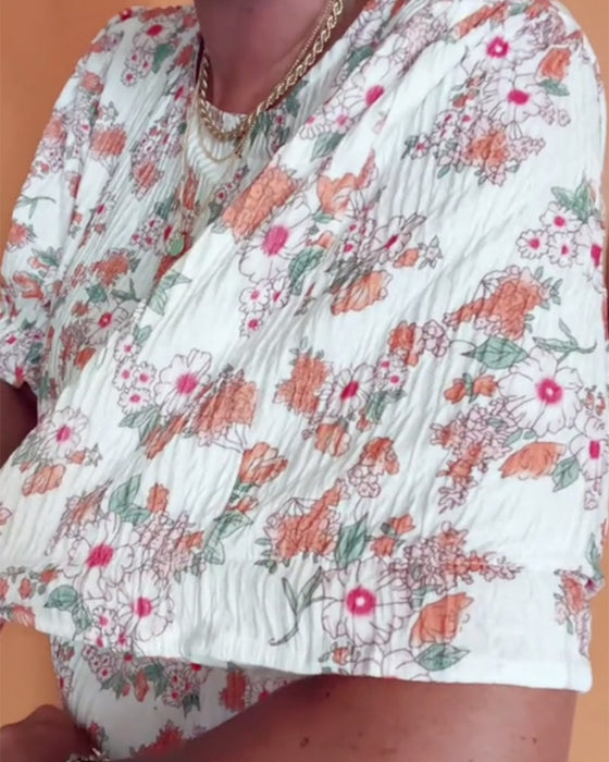 Blouse Col Rond Fleuri Manche Courte
