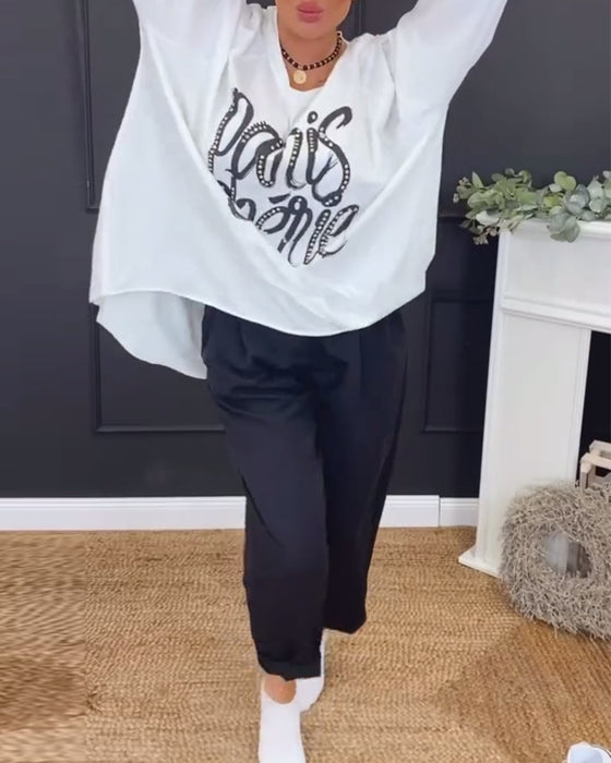 Haut Col Rond Imprimé Lettre Irrégulier