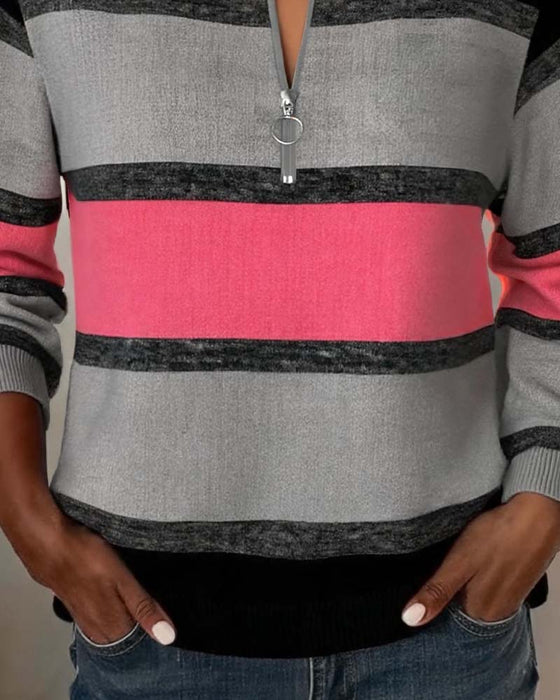 Sweatshirt Fermeture Éclair Rayé Manches Longues