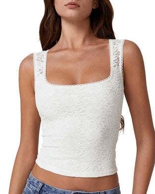 Tank Top Dentelle Garniture Col Carré Sans Manches