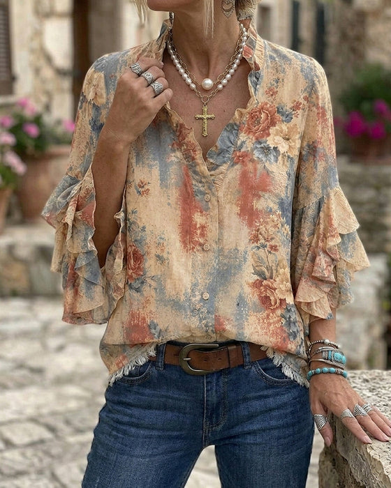 Blouse Col En V Contraste Deux Niveaux Volant