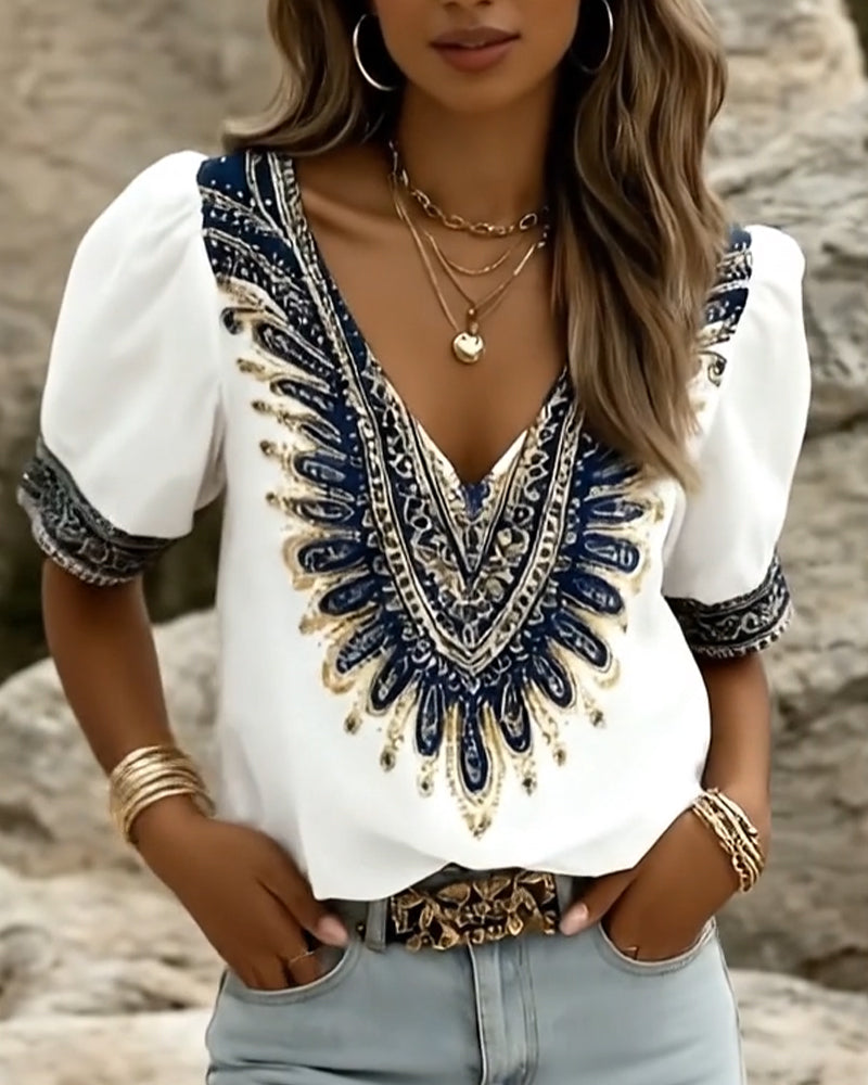 Blouse Imprimé Ethnique Manches Bouffantes