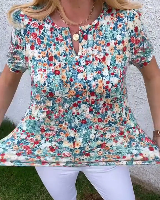 Blouse Manches Courtes Imprimé Fleuri Plissée