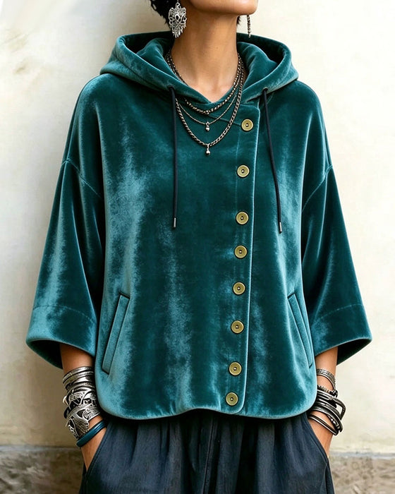 Manteau Capuche Demi-Manche Bouton Asymétrique Velours