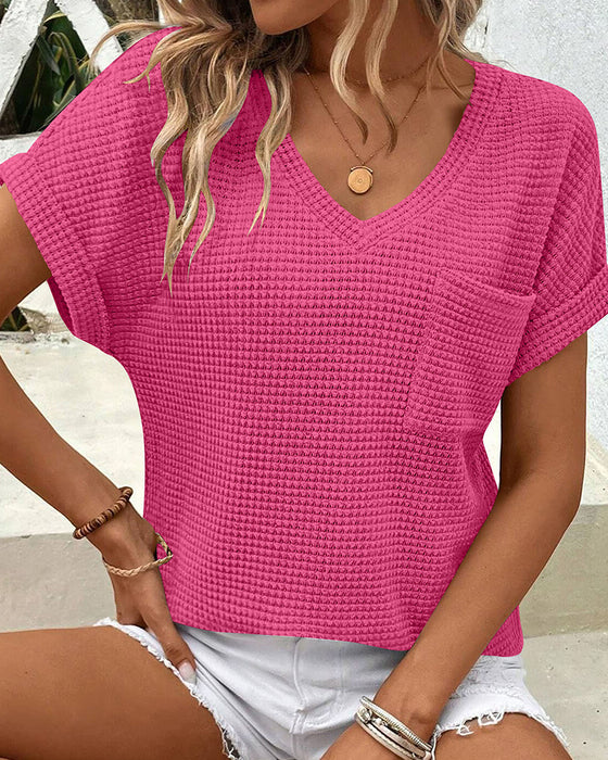 T-Shirt Femme Maille Gaufrée Col V Décontracté Été