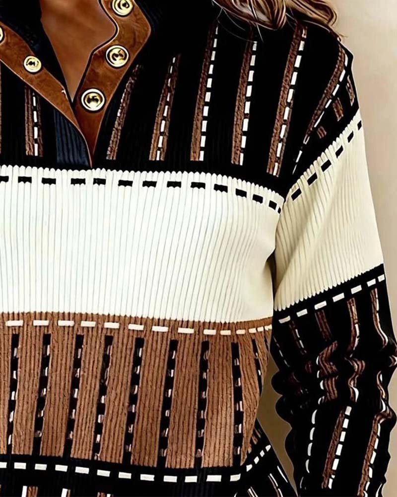 Sweat Bouton Bloc De Couleur Rayé Texture