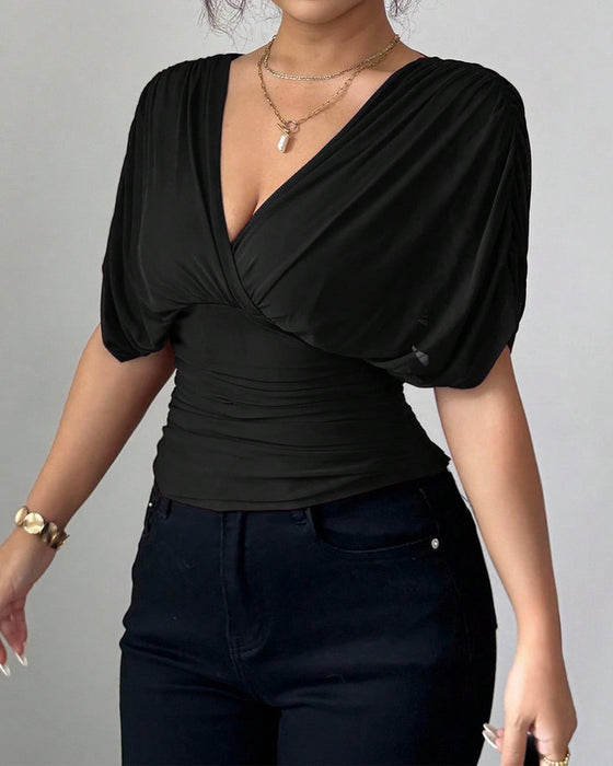 Blouse Unie Profond Col En V Taille Manches Courtes