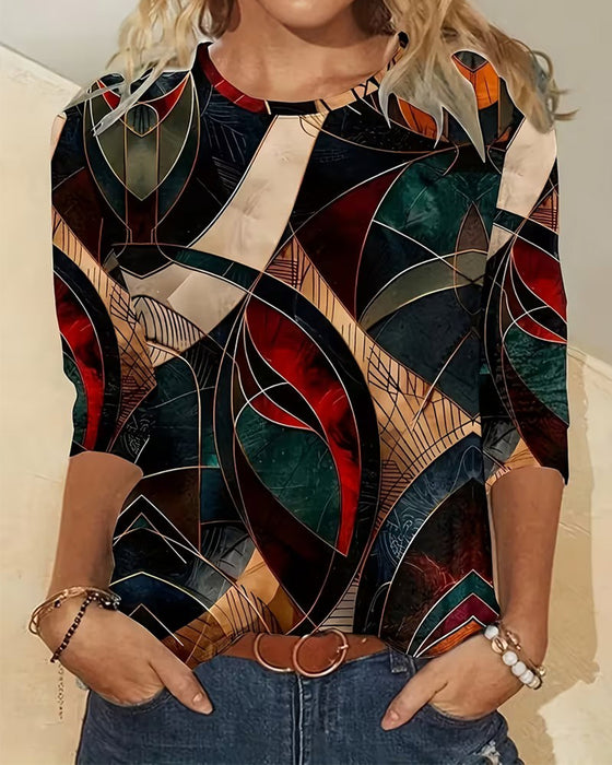 Haut Col Rond Décontracté Imprimé Manches Longues