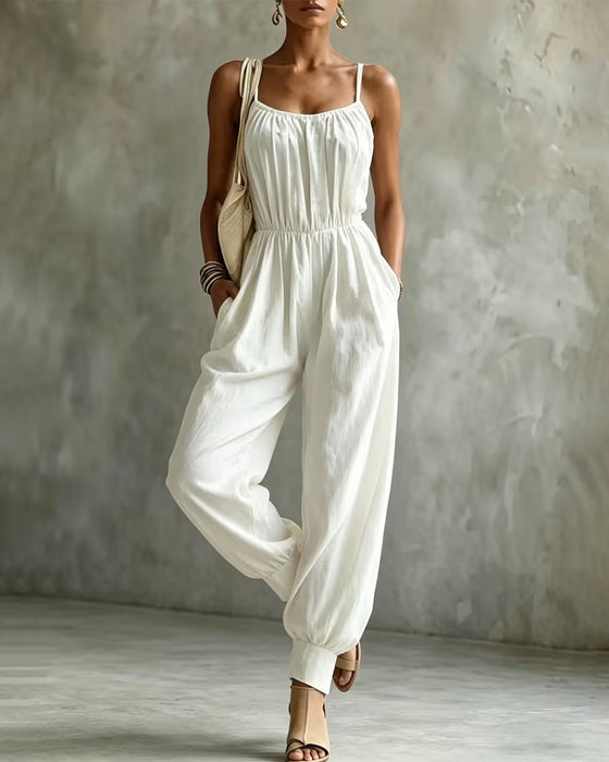 Jumpsuit Bretelle Spaghetti Plissé Cintré Jambe Large
