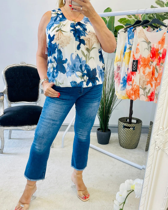 Débardeur Sans Manches Fleuri Plissé