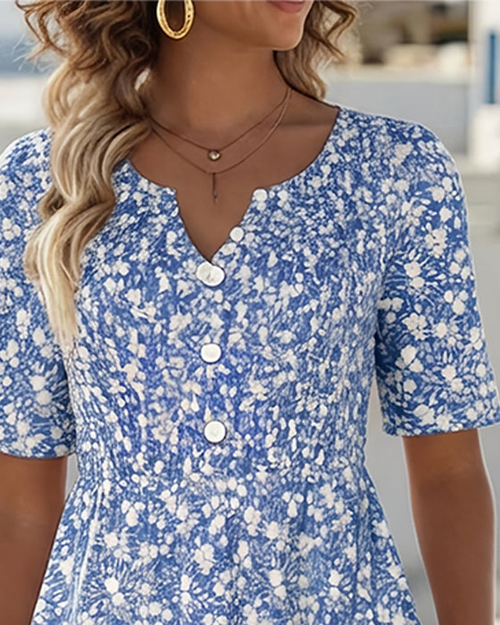 Robe Col V Manches Courtes Fleurie