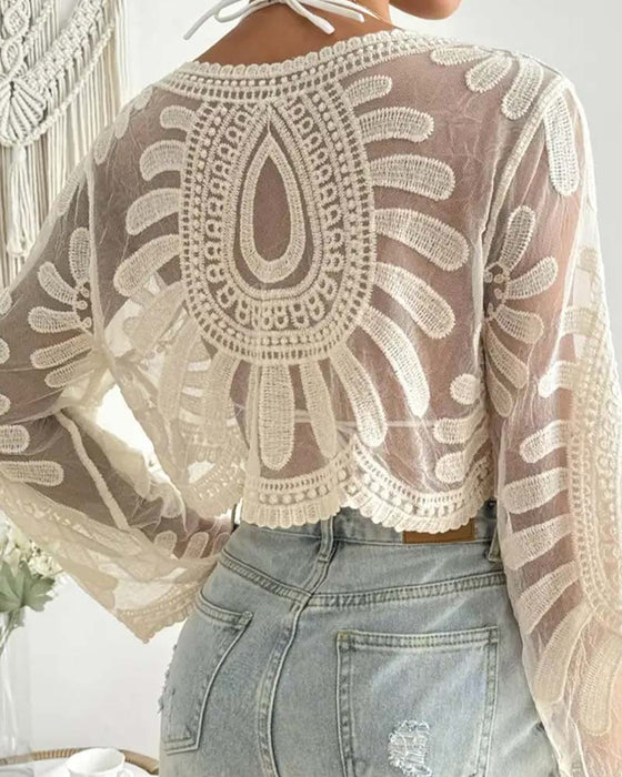 Blouse Manches Longues Transparente Courte Cache-Cœur